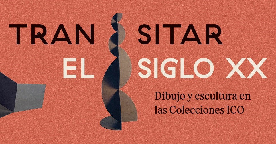 Dibujos abstractos sobre un fondo naranja, texto sobreimpreso: Transitar el Siglo XX Dibujo y escultura en las colecciones ICO